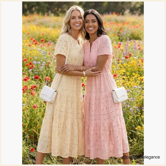 Summer Floral Maxi Dress Boho Eyelet Lace Short Sleeve A Line Tiered - Picture 6 of 7